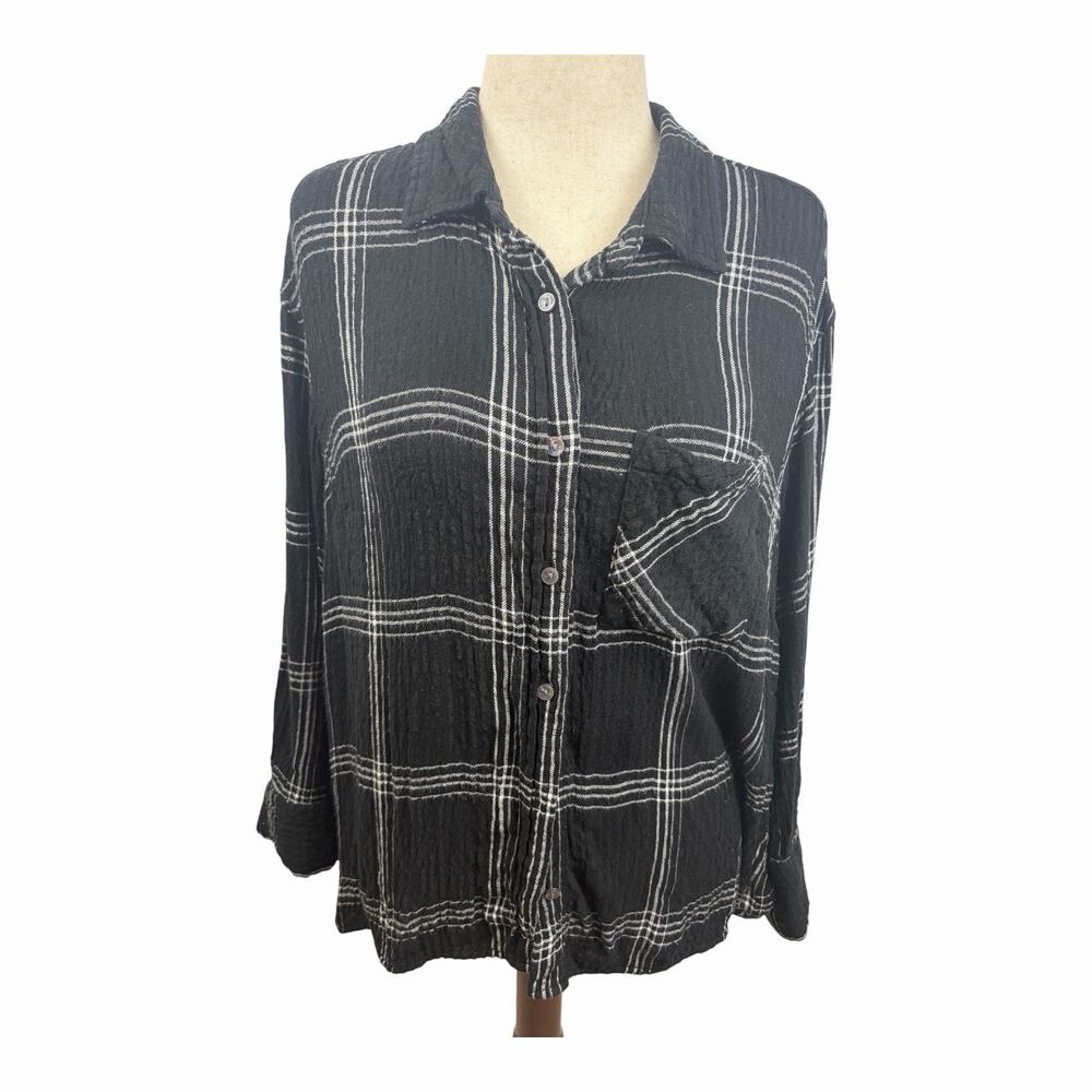 Terra & Sky 0X 14W Black White Plaid Crinkle Button Front Shirt Plus Size